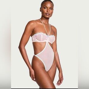 Victoria’s Secret Sheer Embroidered Pearl Halter Teddy Large NWT